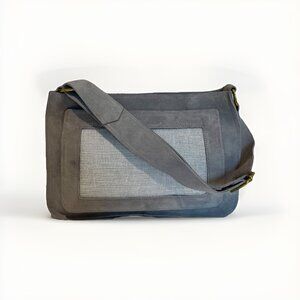 Vintage 1970s Suede Shoulder Bag Gray Mesh Pocket Adjustable Strap Boho Retro